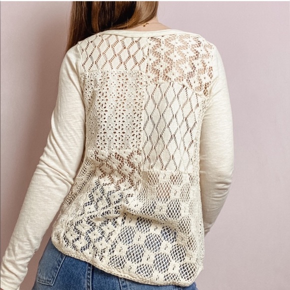 FREE PEOPLE Small 100% Cotton Romantic Long Sleeve Vanilla T Lace Crochet Sheer - Picture 3 of 11